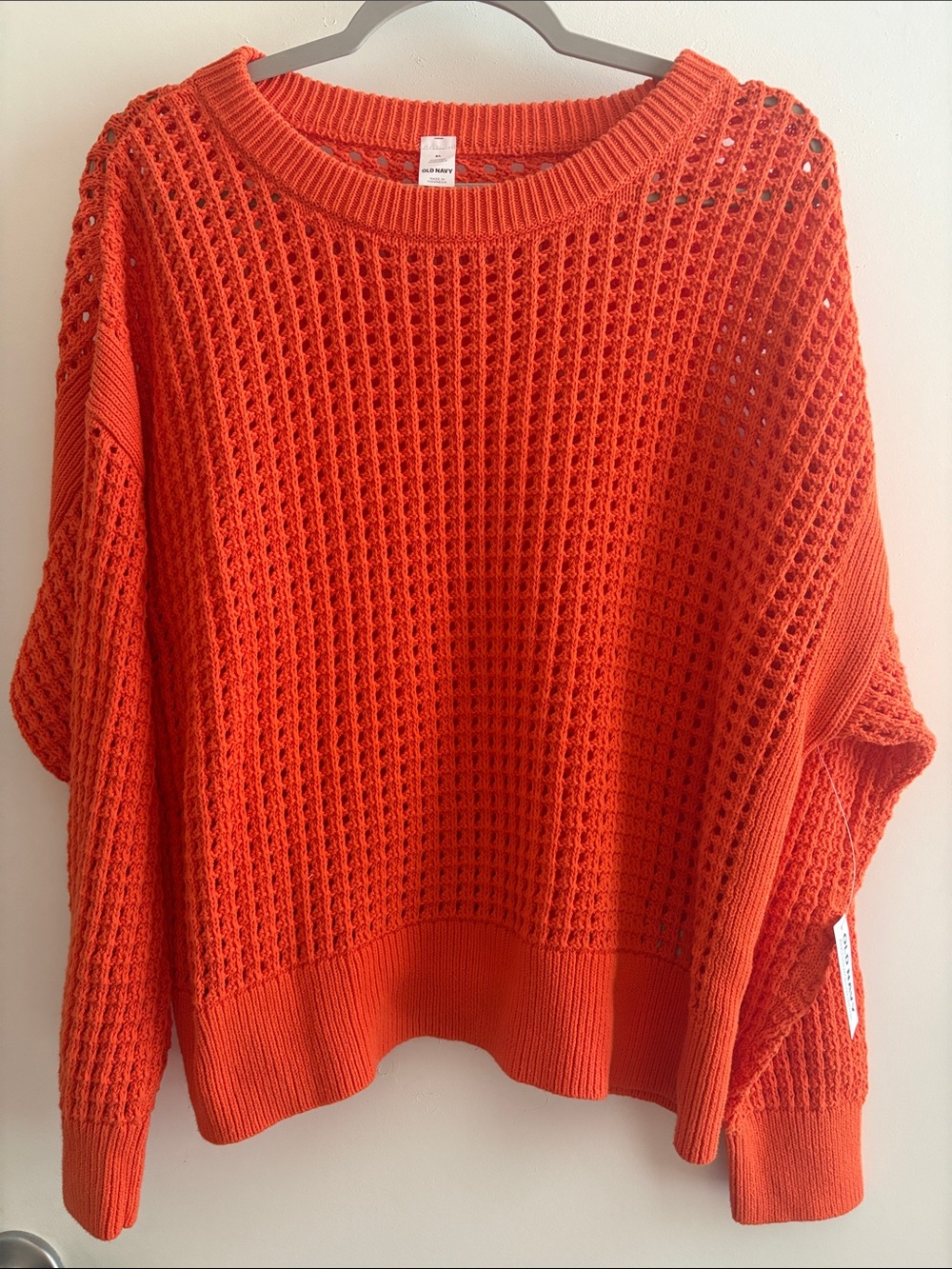 NWT Old Navy Cotton Open-Knit Beach Resort Crewneck Sweater Bright Orange SZ XL